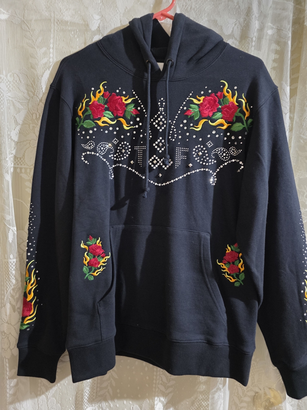 Teddy Fresh Black Crewneck Hoodie with Red Rose & Yellow Flame Embroidery